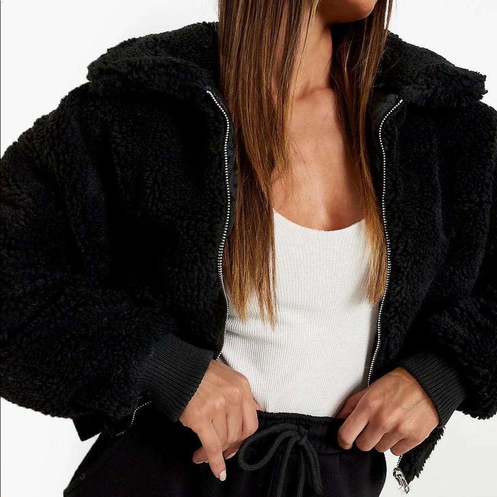 Boohoo Crop Faux Teddy Fur Bomer Jacket Size 10
